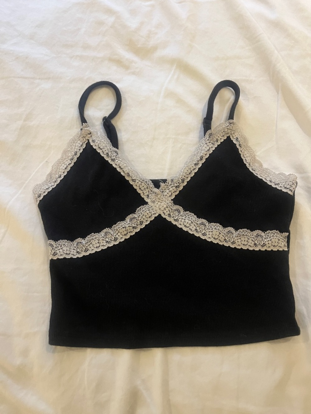 Black Lace-Trim Ribbed Crop Tank